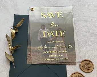 Acrylic Save the Date Invitations | Photo Save the Dates with Gold, Silver & Rose Gold Foil Elegance