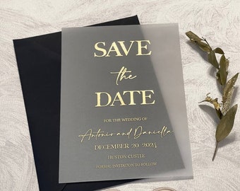 Vellum wedding Save the Date card with Rose gold, gold, silver foil. Save the dates sample.