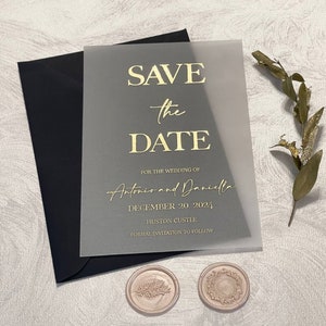 Vellum wedding Save the Date card with Rose gold, gold, silver foil. Save the dates sample.