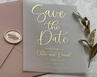 Personalized Save the Date card with foil lettering, Vellum Save the Dates in Rose gold, gold, silver foil .