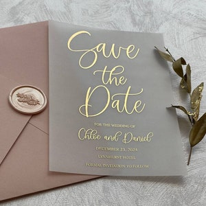 Carte "Retenez cette date" personnalisée avec lettrage en aluminium, "Retenez ces dates" en vélin en or rose, or, feuille d'argent.