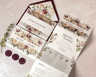 Burgundy all in one wedding invitation, Concertina wedding invitations with vellum jacket, belly band and envelope insert.
