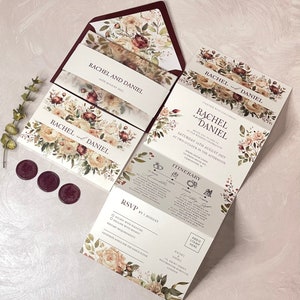 Burgundy all in one wedding invitation, Concertina wedding invitations with vellum jacket, belly band and envelope insert.