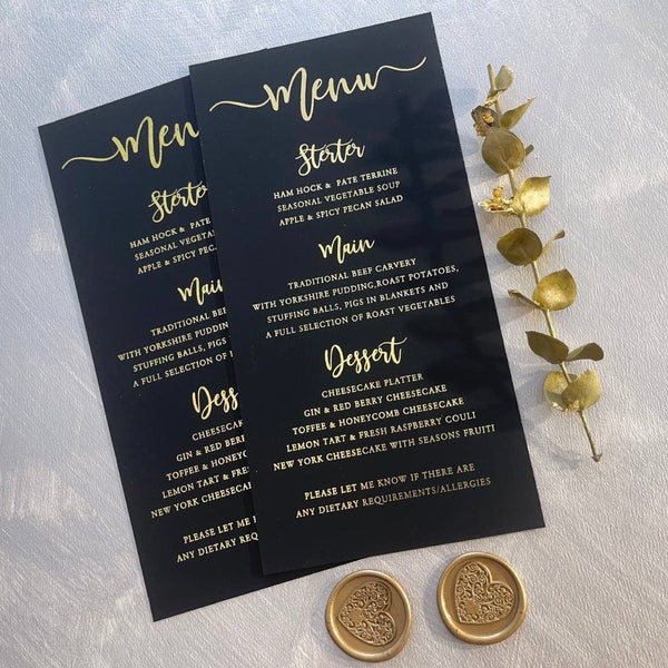 Black wedding menu cards Gold, Silver, Rose gold foil