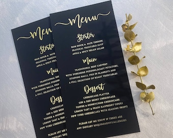 Black wedding menu cards Gold, Silver, Rose gold foil