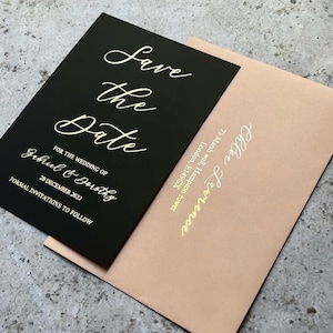 Black Save The Dates , Wedding invitation . Rose gold, Gold , Silver foil .