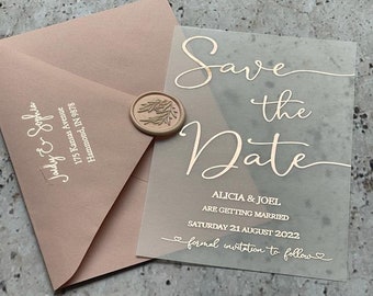 Carta pergamena di nozze Save the Date, invito a nozze. Oro rosa, oro, lamina d'argento.