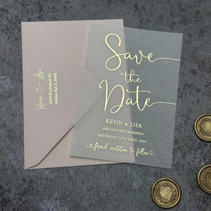 Carte "Retenez cette date" pour mariage, faire-part "Retenez cette date" en vélin en or rose, or, feuille d'argent.