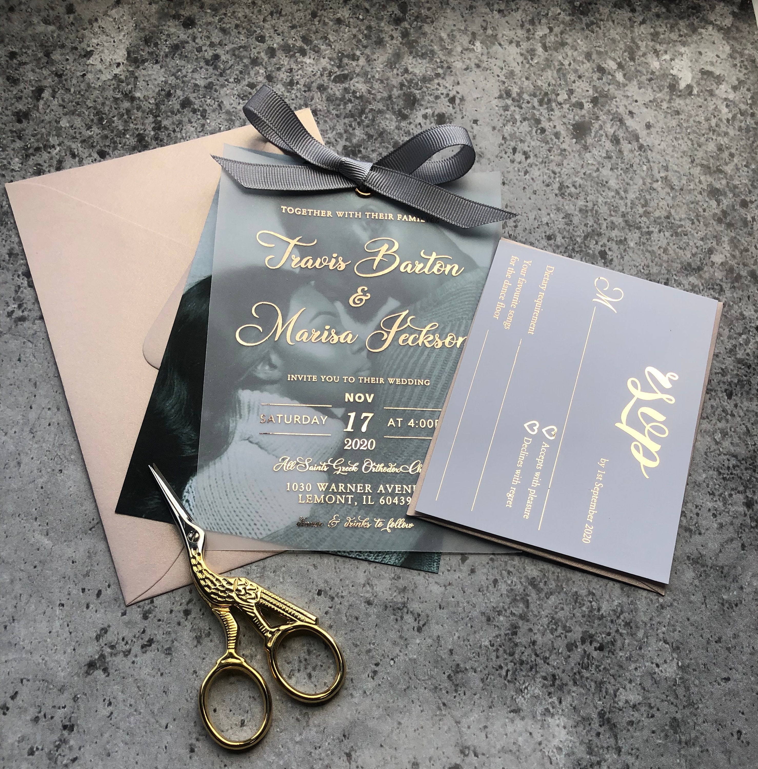 Rose Gold Foil Acrylic Wedding Invitation with Vellum Wrap, RSVP and F –  Indy Bee Crafts