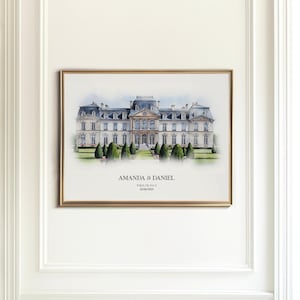 Custom watercolor building portrait, capturing the charm and architecture of your special venue, ideal for wedding or anniversary gifting.