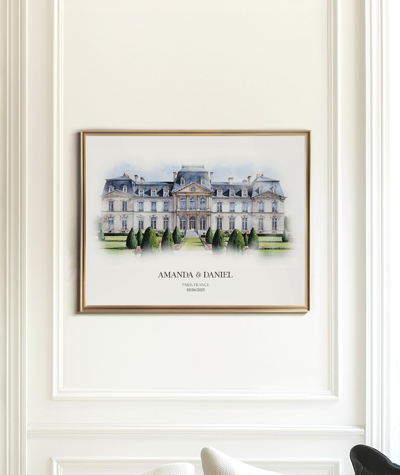 Custom watercolor building portrait, capturing the charm and architecture of your special venue, ideal for wedding or anniversary gifting.