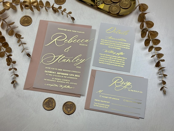 Vellum  foiled wedding invitations, Elegant wedding set with rsvp and detail cards