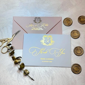 Danksagungskarten Hochzeit. Personalisierte Dankeskarten mit Kranz und Monogramm. Gold, Silber, Rose gold Folie.