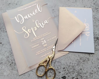 Sample of Foiled vellum wedding invitations for customers outside the United Kingdom