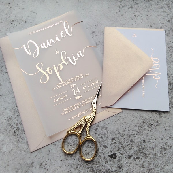 Vellum Wedding Invitation with Rsvp, Details and Envelopes - Elegant wedding invitations Rose Gold, Gold, Silver Foil Designs