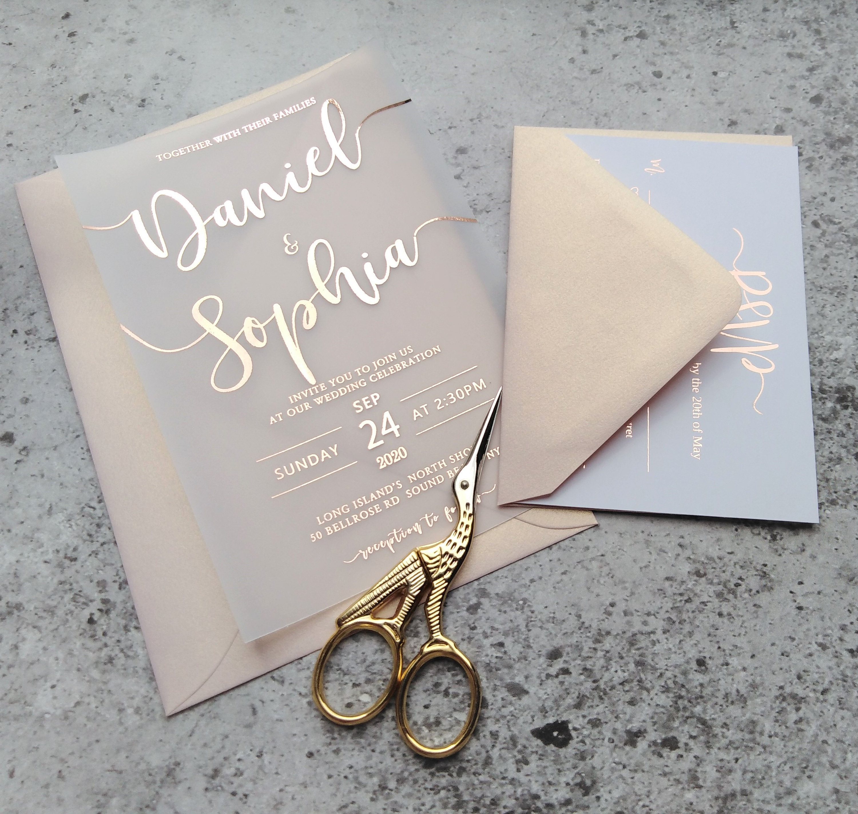 Sample of Foiled Vellum Wedding Invitations for Customers Outside the  United Kingdom 
