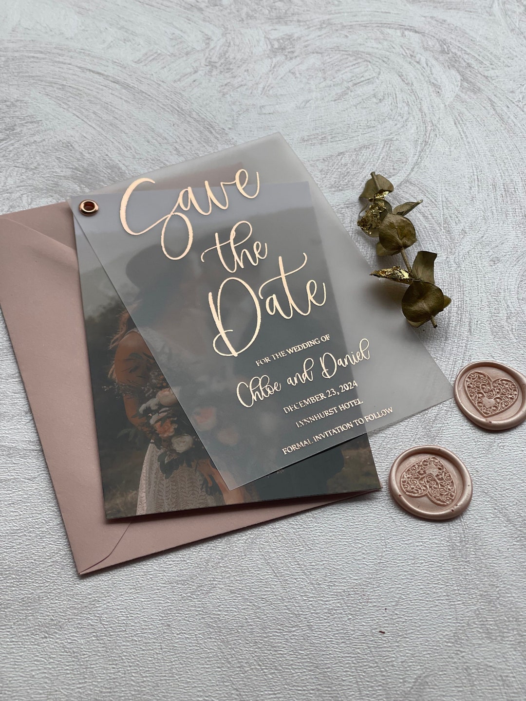 Vellum Save the Date With Photo, Wedding Save the Date With Rose Gold