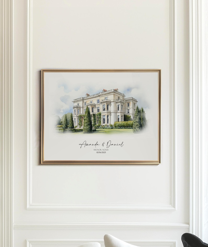Personalized venue portrait gift in watercolor style, perfect for celebrating weddings, anniversaries, or special events.