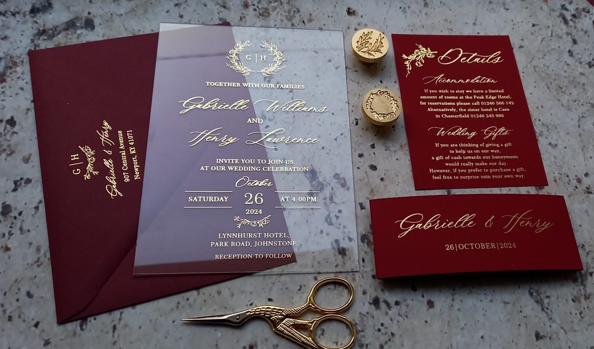 Foil-Pressed Acrylic Wedding Invitation Set: Burgundy Soft Touch Paper, RSVP Included