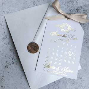 Foiled Save the Date Calendar Tags with Crest Design – Elegant Wedding Cards and Invitations