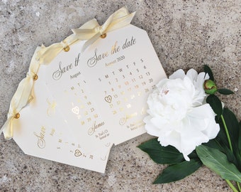 Elegant Wedding Foiled Save the Date Calendar Card with bow.
