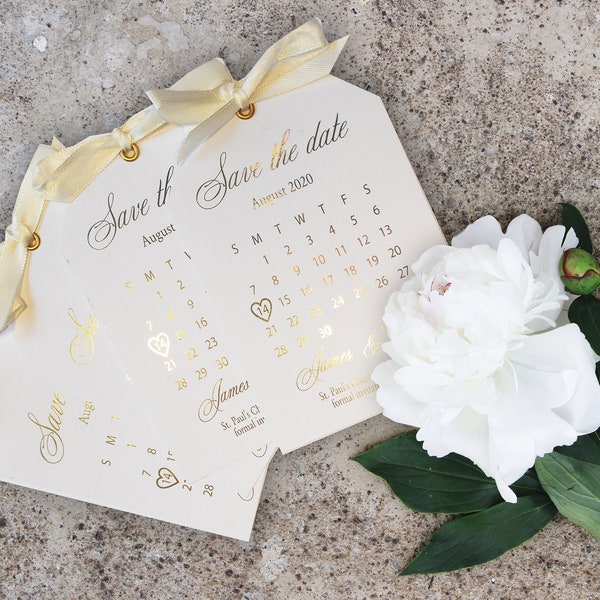 Save the Date card. Foil Calendar tag .   Wedding save the date