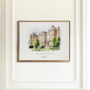 Watercolor venue illustration of a wedding location, painted from a photograph, featuring accurate building details and elegant artistic style.