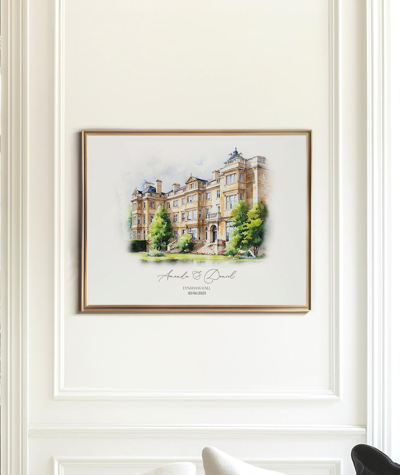 Watercolor venue illustration of a wedding location, painted from a photograph, featuring accurate building details and elegant artistic style.