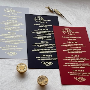 Cartes de menu de mariage noires Or, argent, feuille d'or rose