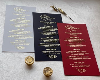 Black wedding menu cards Gold, Silver, Rose gold foil