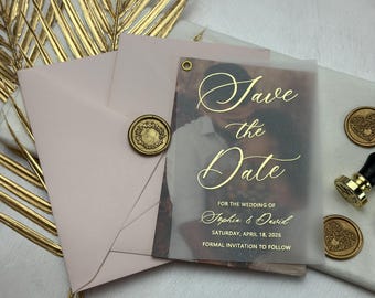 Vellum Save the Date with Picture | Acrylic Foiled Wedding Invitations | Rose Gold Foil Design for Elegant Announcements