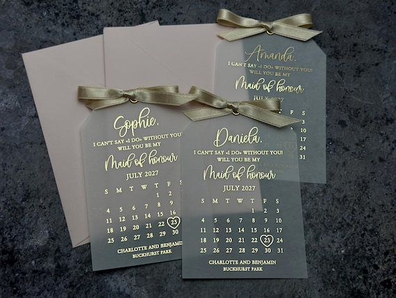 Personalized Foiled Proposal Cards with Calendar - Will You Be My Bridesmaid Vellum Cards & Envelopes