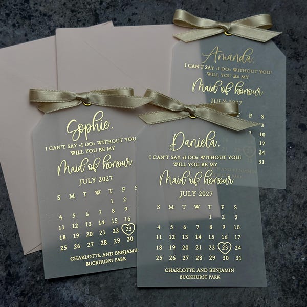 Personalized Foiled Proposal Cards with Calendar - Will You Be My Bridesmaid Vellum Cards & Envelopes
