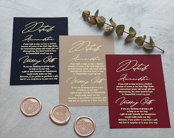 Wedding Details cards in Rose gold, silver, gold foil