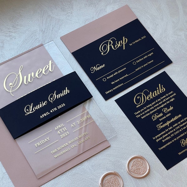 Acrylic Sweet 16 invitation. 5x7 Sweet 16 Birthday invitations with gold, rose gold, silver foil