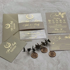 Elegante Acryl Hochzeitseinladungen mit rsvp, A5 und 5 x7 Goldfolie Hochzeitseinladung, personalisierte Hochzeitseinladungskit.