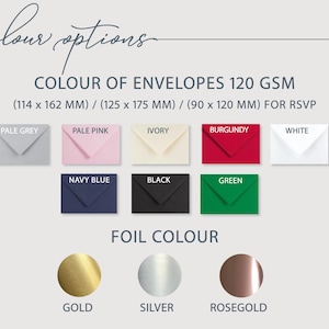 different color of envelopes and rose gold , gold, silver foil