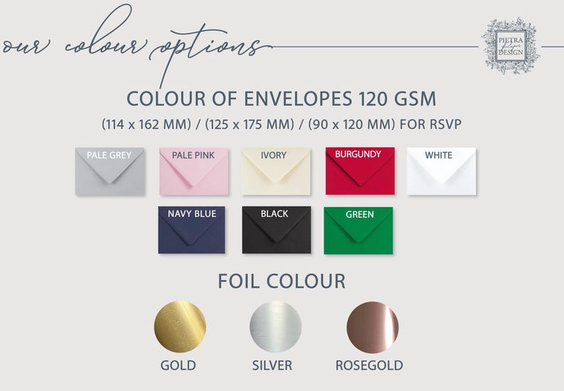 different color of envelopes and rose gold , gold, silver foil