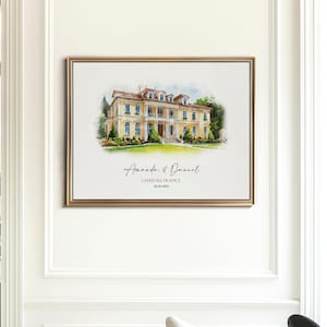 Venue drawing and portrait in watercolor, capturing your special place in a personalized illustration for weddings, anniversaries, and keepsakes.
