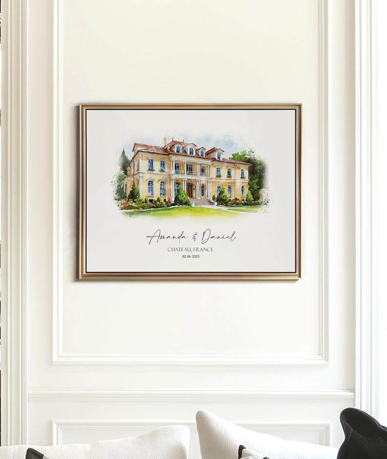 Venue drawing and portrait in watercolor, capturing your special place in a personalized illustration for weddings, anniversaries, and keepsakes.