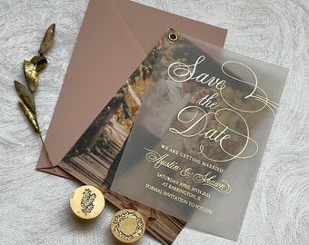 Wedding Save the Date Invitations with Photo, Customizable Gold & Rose Gold Foil, Elegant Design, Unique Announcement