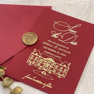 Burgundy Save The Dates with Custom wedding Venue illustration. Rose gold, Gold , Silver foil .