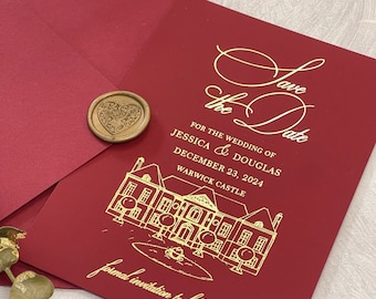 May include: Save the date card with gold foil lettering on a burgundy background. The card features a drawing of a castle and the text "Save the Date for the wedding of Jessica & Douglas December 23, 2024 Warwick Castle formal invitation to follow."