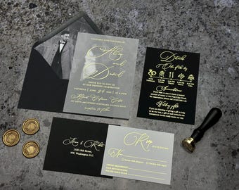 Foiled Vellum Wedding Invitations with RSVP & Details | Elegant Invitation Suite with your Photo insert and envelopes.