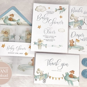 Blaue Baby-Duscheeinladung. Die Vorlage für das Babyparty-Set enthält eine Pergamentjacke, Dankeskarten und ein Bauchband.