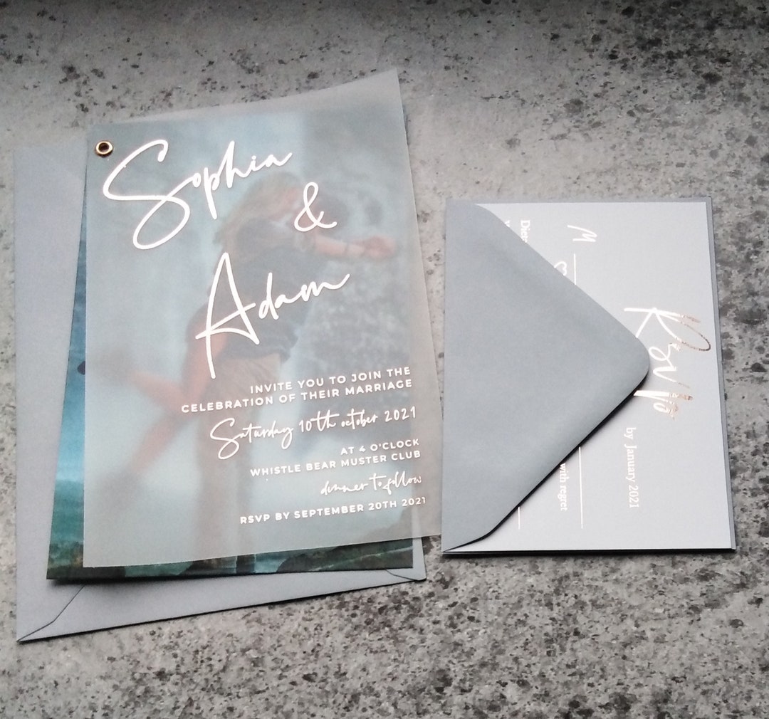 Elegant Vellum Wedding Invitations on Photo. Silver Rose Gold Red Foil