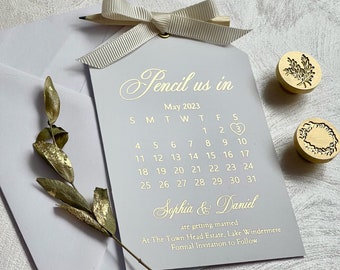 Save the Date Pencil Us In. Gold Foil Calendar tag. Wedding Save the date.