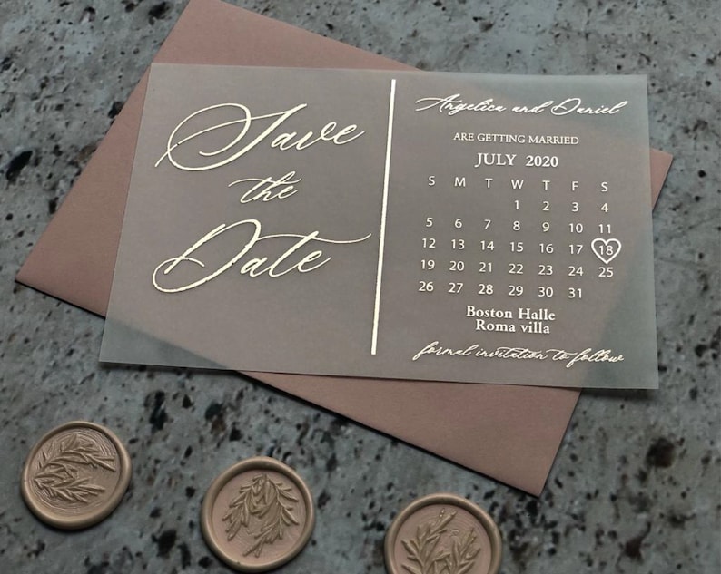 Vellum foil wedding save the date calendar