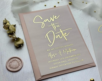 Elegant Wedding save the date . Vellum Save the Date cards in Rose Gold, Silver and Gold foil