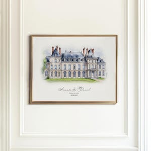 Artistic sketch of a wedding venue in watercolor, designed as a meaningful wedding gift or paper anniversary present.